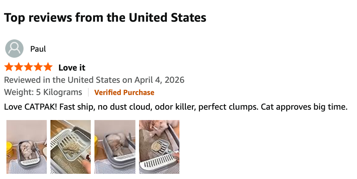 Paul 5-star review — Love it. No dust cloud, odor killer, perfect clumps.