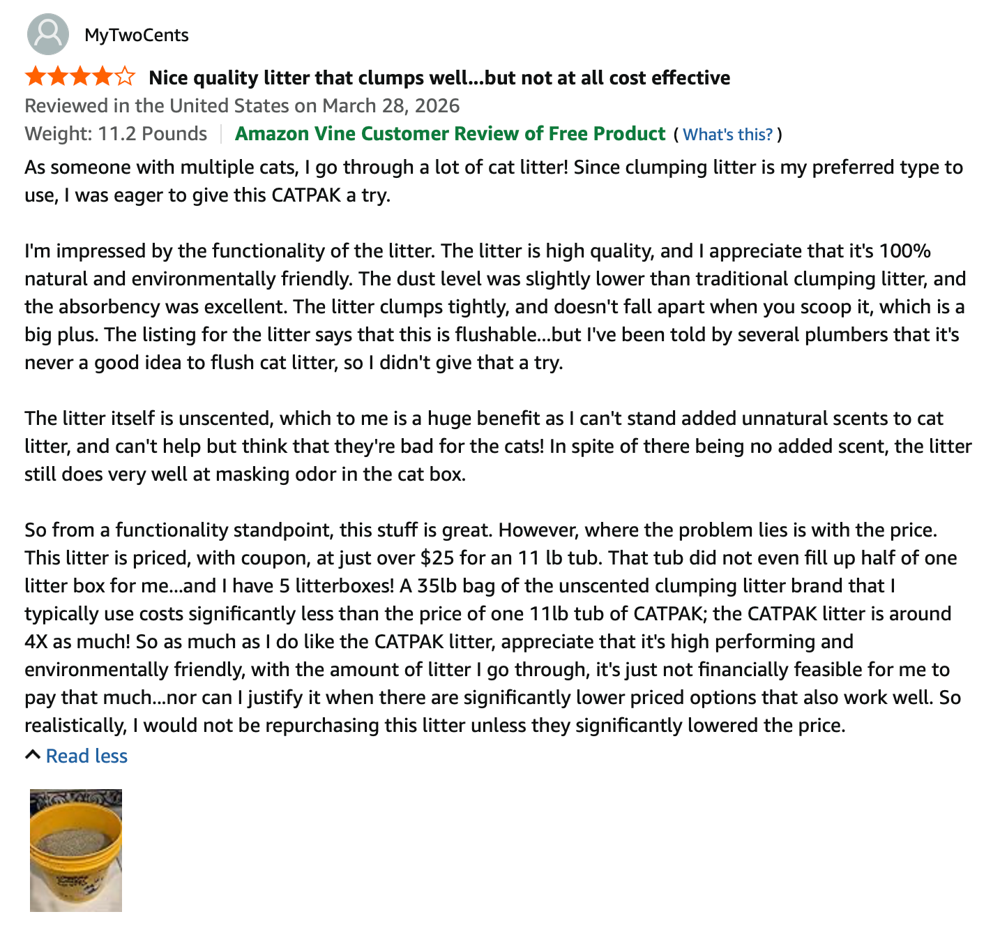 MyTwoCents review — Nice quality litter that clumps well.